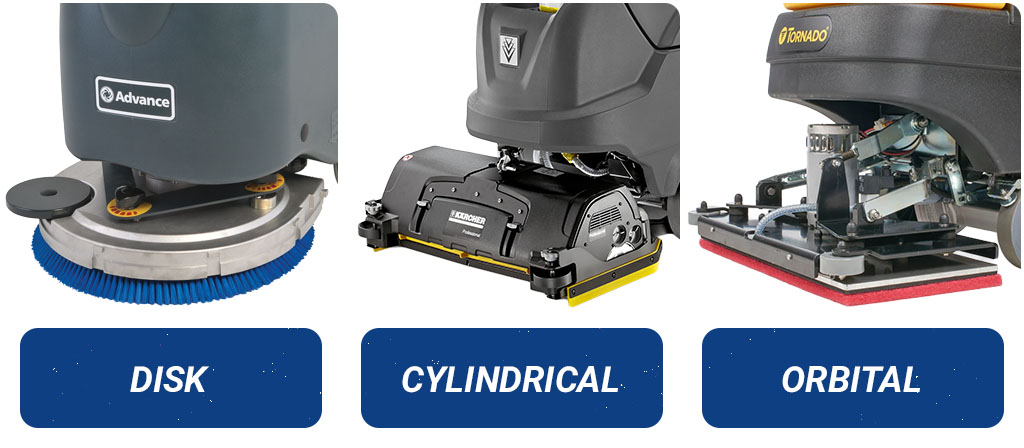 Disk, cylindrical and orbital floor scrubber heads