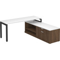 Elements L-Shape Workstation 72" x 71" with Storage Credenza - White Top and Modern Walnut Base with Black Legs